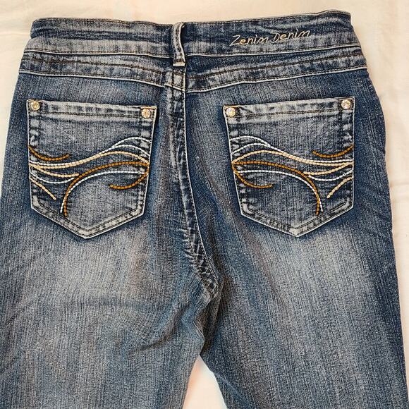 Zenim mid low rise straight leg 5 pocket denim jeans embroidered stones 4 - Picture 3 of 5